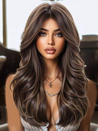 باروكة مموجة طويلة 24 بوصة مع غرة ذات جذور داكنة للنساء، باروكة البني الممزوج بالأشقر، باروكات اصطناعية مقاومة للحرارة للأحزاب اليومية والتنكر