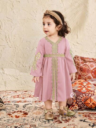 فساتين بيبي فستان طويل الأكمام للفتيات الصغيرات بتصميم وردي جميل مبطن بكشكشة، صيفي