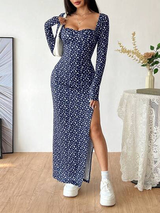 Flirla فستان ماكسي طويل الأكمام بقصة رقبة مربعة مع شق في الذيل بطباعة نمر، مناسب للارتداء اليومي العادي في فصلي الخريف والشتاء