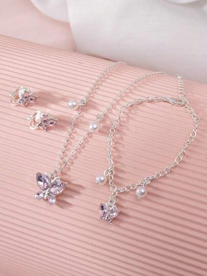 4 حبات/طقم قلادة، سوار، كليبس أذن للأطفال بشكل فراشة بمزيج من الألماس الوردي والآلئ الاصطناعية