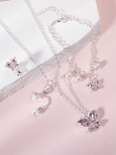 4 حبات/طقم قلادة، سوار، كليبس أذن للأطفال بشكل فراشة بمزيج من الألماس الوردي والآلئ الاصطناعية