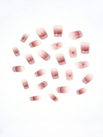 عزّزي أناقتك مع 24 حبة من أظافر الفراشات الصناعية ذات التدرج البني-الأحمر ذات الشكل المربع القصير التي تنتهي بالثلج المثالي لمجموعة أظافر أكريليك صناعية مع 1 غراء جيلي و1 ملف أظافر، مناسبة للنساء والفتيات لاستخدام اليومي وللحفلات