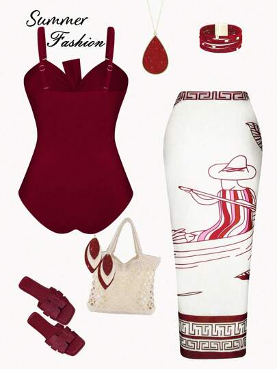 Swim Oasis مجموعة قطعتين مقاسات كبيرة للنساء: بدلة سباحة قطعة واحدة بلون قطعة والتنورة المطبوعة بالزهور فوقها، مناسبة للاستخدام الكاجوال في العطلات الصيفية والأعياد على الشاطئ