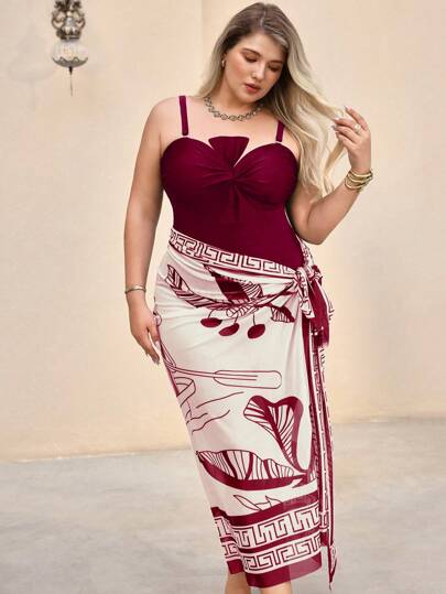 Swim Oasis مجموعة قطعتين مقاسات كبيرة للنساء: بدلة سباحة قطعة واحدة بلون قطعة والتنورة المطبوعة بالزهور فوقها، مناسبة للاستخدام الكاجوال في العطلات الصيفية والأعياد على الشاطئ