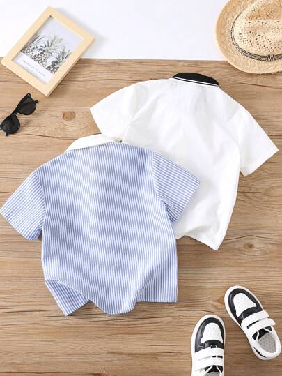 مجموعة برونية 2 قطعة - شراء واحدة والحصول على واحدة مجانًا. ملابس علوية قصير الأكمام متناسق الطراز بأسلوب بسيط، خطوط أزرق وأبيض وأبيض متباين الياقة، ملائم للأنشطة اليومية والرياضة والجامعة والاحتفالات والتصوير والعودة إلى المدرسة، مجموعة متعددة القطع