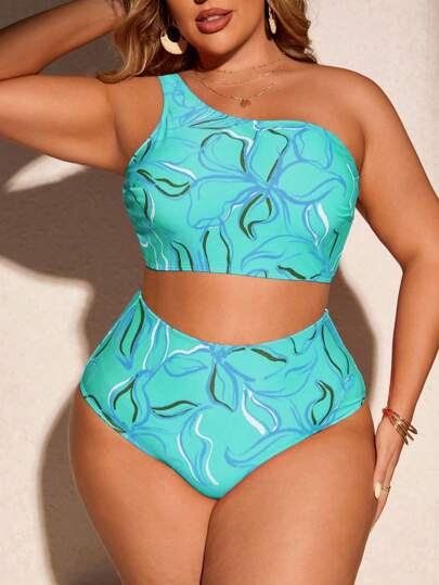 SHEIN Swim Curve مجموعة بكيني فلوري 3 قطع للنساء ذوات الحجم الكبير، مكونة من: ملابس علوية متصل بالرقبة، وسارونج وتنورة، لإطلالة إجازة