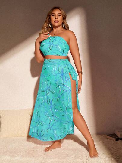 SHEIN Swim Curve مجموعة بكيني فلوري 3 قطع للنساء ذوات الحجم الكبير، مكونة من: ملابس علوية متصل بالرقبة، وسارونج وتنورة، لإطلالة إجازة