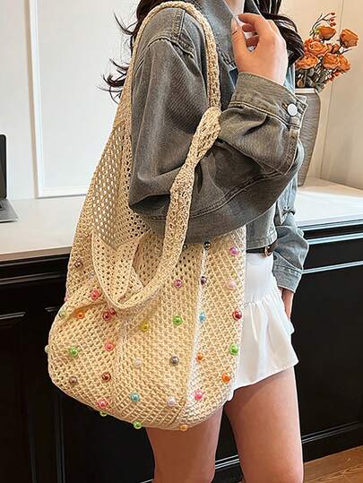 حقيبة يد كبيرة السعة من الخرز المنسوج باللون الملون، حقيبة يد عصرية، حقيبة تسوق كاجوال للنساء، مناسبة للاستخدام اليومي والعطلات