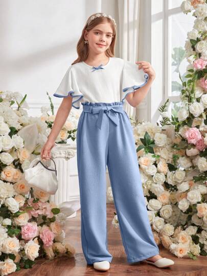 تيشيرتات بناتي Lunivi مجموعة من قطعتين أزياء للبنات المراهقات، ساق مستقيمة من قماش فقاعي محبوك، أكمام منفوشة وقصة إنكليزية قابلة للتفصيل،ملابس كاجوال