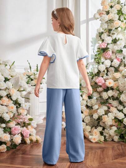 تيشيرتات بناتي Lunivi مجموعة من قطعتين أزياء للبنات المراهقات، ساق مستقيمة من قماش فقاعي محبوك، أكمام منفوشة وقصة إنكليزية قابلة للتفصيل،ملابس كاجوال