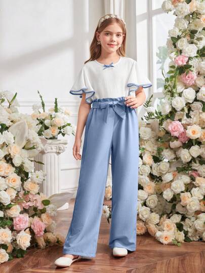 تيشيرتات بناتي Lunivi مجموعة من قطعتين أزياء للبنات المراهقات، ساق مستقيمة من قماش فقاعي محبوك، أكمام منفوشة وقصة إنكليزية قابلة للتفصيل،ملابس كاجوال