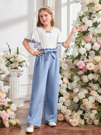 تيشيرتات بناتي Lunivi مجموعة من قطعتين أزياء للبنات المراهقات، ساق مستقيمة من قماش فقاعي محبوك، أكمام منفوشة وقصة إنكليزية قابلة للتفصيل،ملابس كاجوال