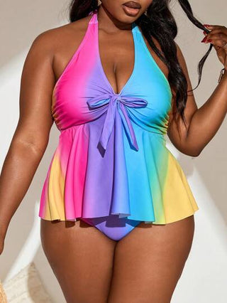 SHEIN Slayr CURVE بدلة سباحة تانكيني حجم كبير للسيدات من قطعتين مطبوع بتدرج اللون وعقدة للرقبة، طقم للاصطياف والشاطئ والسباحة للصيف