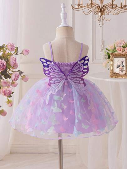 فساتين بيبي فستان أميرة شرابي للرضع والأطفال الرضع 0-3 سنوات بحزام رفيع، بطبقات توليل مزخرف بأشكال فراشات ثلاثية الأبعاد، لموسم الربيع والصيف