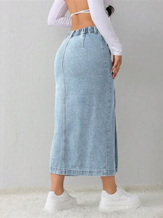 Tall تنورة جينز نسائية، تنورة كاجوال فضفاضة بشق جانبي، تنورة أزرق متوسطة الطول للنساء الطويلات، تنورة أزرق فاتح، تنورة أزرق، ملابس شتوية للنساء