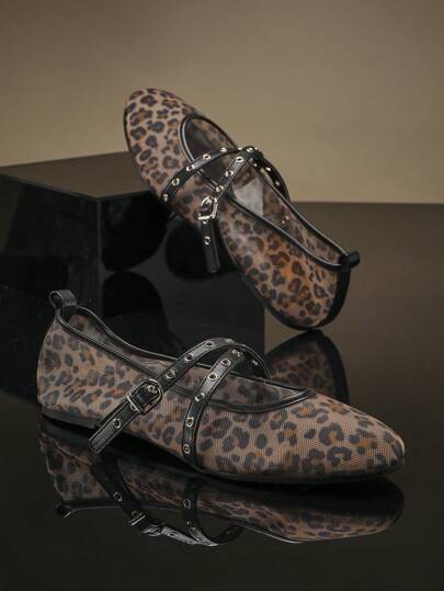 SHUZIA حذاء باليه شبكي بنمط الحيوان للنساء ، غلق بإبزيم جانبي ، بطانة داخلية مرنة، أحذية ماري جين