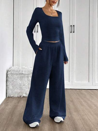 طقم حريمي قطعتين EZwear بدلة كاجوال من البنطلون والبلوزة كاملة الأكمام مصنوعة من الأقمشة المحبوكة باللون الأزرق الداكن