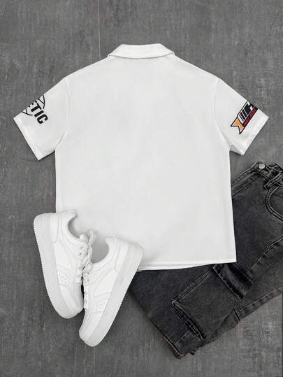 قميص بولو بأكمام قصيرة، طباعة جرافيتي علي كامل القميص، ملائم للأطفال الصغار، طراز كاجوال كلبجي وجامعي، ناعم ومريح، مناسب للخريف والربيع والصيف، للارتداء اليومي، للعب في الخارج، للمدرسة، للشارع، للأحزاب والأوقات الحرة