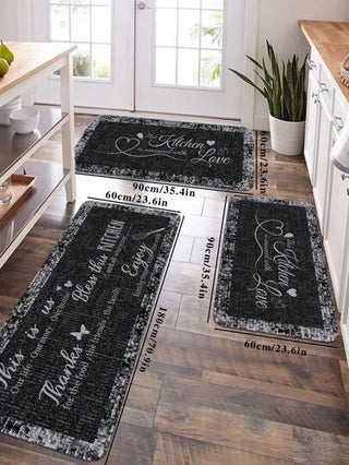قطعة سجادة مطبوع عليها نص رسومي على خلفية سوداء كلاسيكية، سجادة مستطيلة من القطيفة الناعمة، مانعة للانزلاق وماصة للماء، مناسبة للمطبخ وغرفة الطعام وغرفة المعيشة