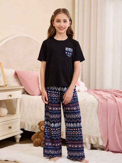 بيجاما بليزة بكم قصير برقبة مستديرة وجيوب مطبوعة بنقشة الزهور الفينتاج والبنطال السائب قطعتان مجموعة بيجاما كاجوال مناسبة للبنات المراهقات