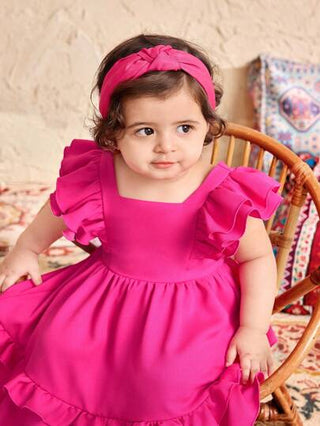 فساتين بيبي فستان صيفي للرضيعة، مزين بكشكشة فوشيا جميلة
