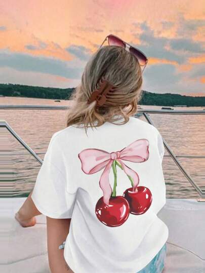 فستان للبنات مع طباعة عادية للياقة المستديرة وبلوزة قصيرة الأكمام للصيف ملابس الأطفال الصغار - بلوزة كرز مميزة بالقوس ستجعل الأطفال مبتسمين! قمصان صيفية ملابس للفتيات المراهقات ملابس صيفية للبنات