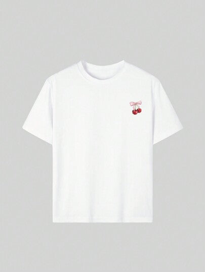 فستان للبنات مع طباعة عادية للياقة المستديرة وبلوزة قصيرة الأكمام للصيف ملابس الأطفال الصغار - بلوزة كرز مميزة بالقوس ستجعل الأطفال مبتسمين! قمصان صيفية ملابس للفتيات المراهقات ملابس صيفية للبنات