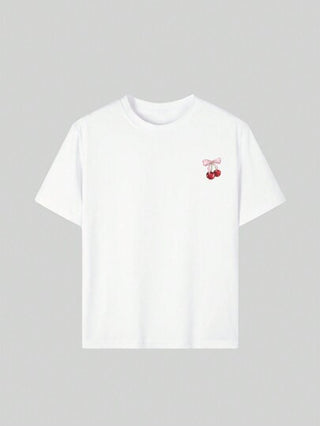 فستان للبنات مع طباعة عادية للياقة المستديرة وبلوزة قصيرة الأكمام للصيف ملابس الأطفال الصغار - بلوزة كرز مميزة بالقوس ستجعل الأطفال مبتسمين! قمصان صيفية ملابس للفتيات المراهقات ملابس صيفية للبنات