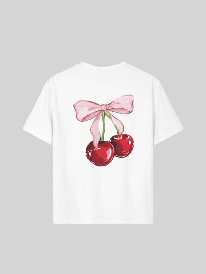 فستان للبنات مع طباعة عادية للياقة المستديرة وبلوزة قصيرة الأكمام للصيف ملابس الأطفال الصغار - بلوزة كرز مميزة بالقوس ستجعل الأطفال مبتسمين! قمصان صيفية ملابس للفتيات المراهقات ملابس صيفية للبنات