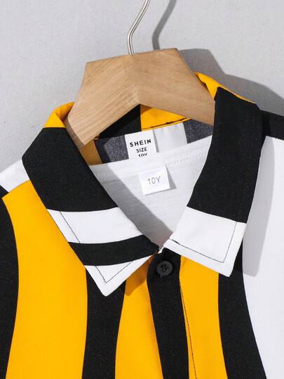 SHEIN قميص تويز كاجوال مخطط مطبوع ذو ياقة بولو وأكمام قصيرة مصنوع من قماش منسوج