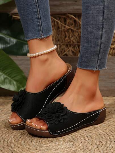 نعال شرائح صندل بشريحة سميكة للسيدات، نعال عريض ارتفاع خاص مضاد للانزلاق وماء صيفي مزين بالزهور مفتوح الأصابع