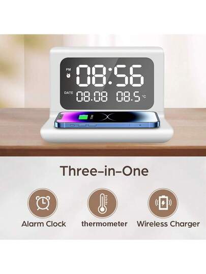 محطة شحن لاسلكية 3 في 1: عرض الوقت والحرارة، ساعة منبه لغرفة النوم أو المكتب. متوافق مع أجهزة 16,15,14,13,12,11,Pro و Max/Mini/Plus/XR/X/8، وAirPods 2/3/4/Pro/Pro 2، وأجهزة سامسونج S25/S23/S22/S21/S20 وGalaxy Buds، مناسب للمكتب والسكن والمنزل