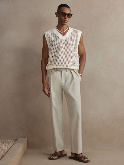 AKNOTIC Business Casual بناطيل كاجوال مستقيمة من الكتان المنسوج للرجال، خصر متوسط، مناسبة للارتداء اليومي والمدرسة