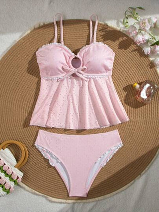 طقم تانكيني حريمي Swim Mod 2 قطعة طقم بكينيات نسائي برباطات قابلة للتعديل بزخارف ورودية من الدانتيل المفتوح، من قماش وردي ذو ملمس مميز للصيف والأجازات البحرية