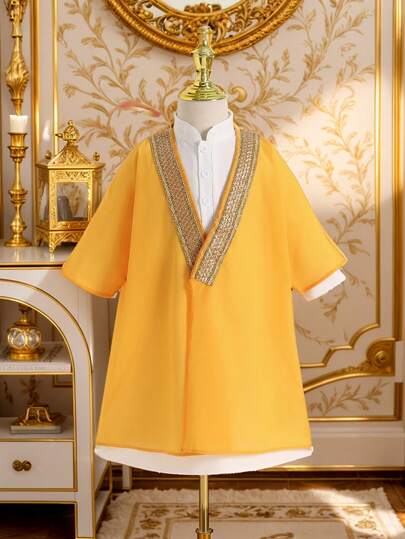 2 قطعة طقم للأطفال الرضع الصبيان: قميص بأكمام طويلة وردّاء طويل, تُوب أبيض عربي, ملابس إسلامية, كفتان, زي سعودي, رداء رمضان, قَصُّ أساسي, مناسب للزفاف, الحفلات, العطلات, عيد الميلاد، المقاس من 6 شهور إلى 3 سنوات