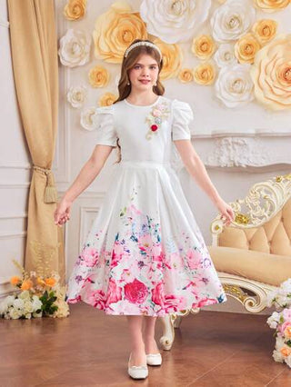 girls-sets 2قطعة/مجموعة تي شيرت أكمام منفوشة مطرز بالزهور وتنورة مطبوعة بالأزهار شبابية أنيقة للبنات المراهقات