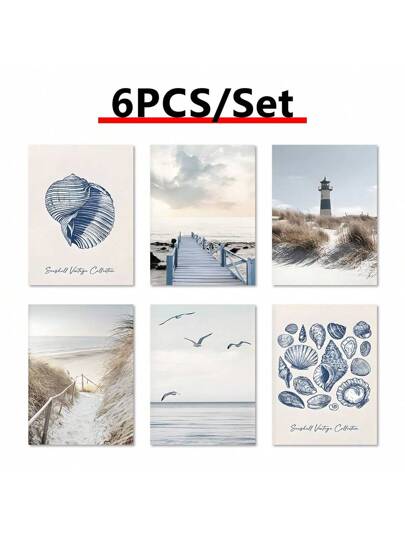 مجموعة 6 قطع من لوحات جدارية ذات طابع ساحلي - تصميم منارة مع صدفيات زرقاء، صور كانفاس غير مؤطرة لغرفة النوم والصالات والديكور الريفي - هدية مثالية لجمالية المنزل والشاطئ والخريف، مجموعة ملصقات هدايا عيد الميلاد والتخرج