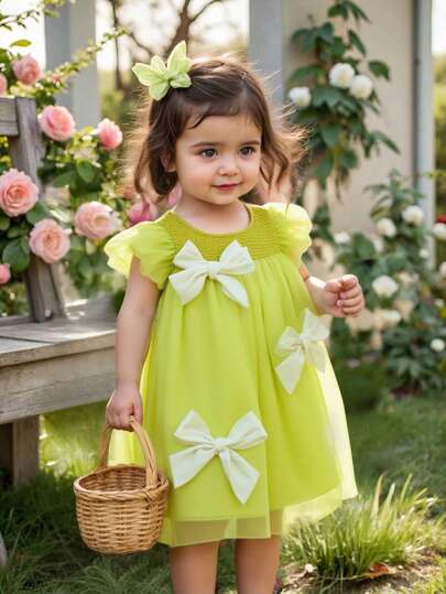 فساتين بيبي Glamorique Kids فستان طفلة صيفي كوري طراز أنيق, ألوان مكعبة, مزين بالكشكشة والشبكة مع فيونكة 3D