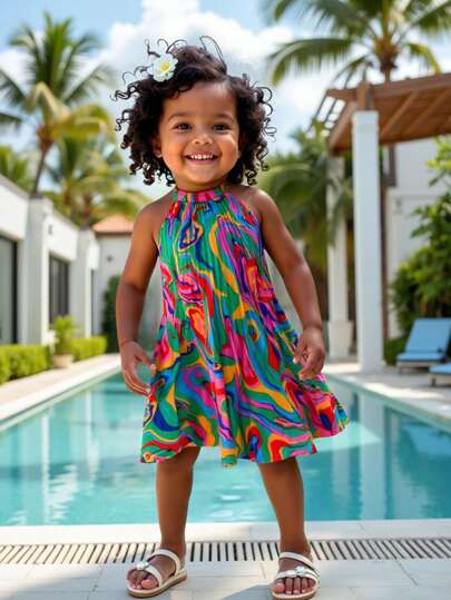 فساتين بيبي فستان صيفي مخمل لطفلة رضيعة بحمالات ملونة مكرر الطيات مناسب للعطلات