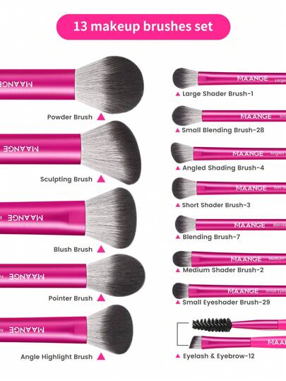 MAANGE 13 قطعة طقم فرش المكياج المحترفة، طويلة وناعمة من الألومنيوم، تشمل فرشاة أساس ناعمة، فرشاة ظل العين، فرشاة الحواجب، فرشاة الدمج، فرشاة التبريز، فرشاة الكونسيلر، فرش مكياج للبودرة والسوائل والكريمات، لاستخدام يومي والسفر، اكسسوارات ومستلزمات...
