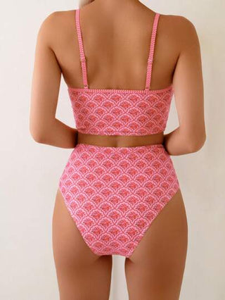 طقم تانكيني حريمي Swim Mod طقم ملابس سباحة بناتي عشوائي الطباعة، عالي الخصر بسيرتين، قميص بحملات خفيفة، ملابس سباحة عطلة شاطئ