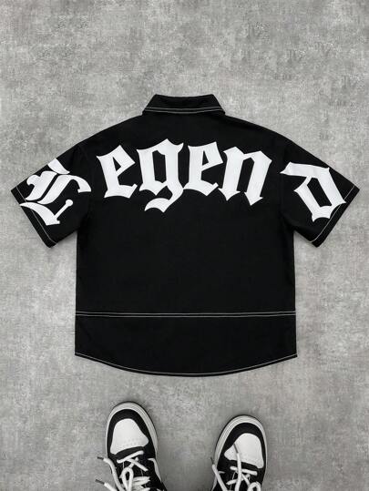 SHEIN قميص قطني فضفاض مزين بطباعة الأحرف، ياقة مطوية، كم قصير، مناسب لارتدائه في المدرسة والحديقة والشاطئ وأعياد الميلاد في فصول الربيع والصيف والخريف والشتاء