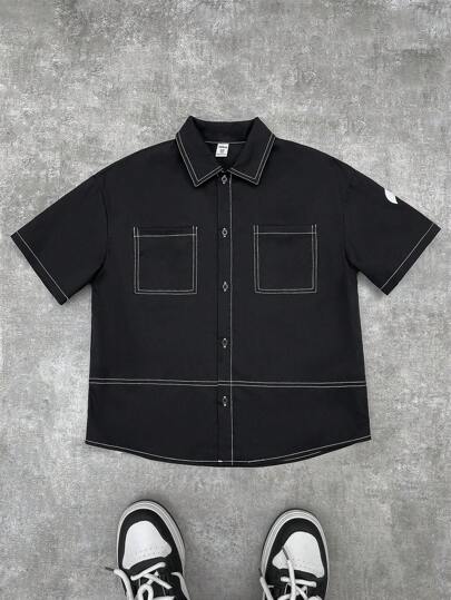 SHEIN قميص قطني فضفاض مزين بطباعة الأحرف، ياقة مطوية، كم قصير، مناسب لارتدائه في المدرسة والحديقة والشاطئ وأعياد الميلاد في فصول الربيع والصيف والخريف والشتاء