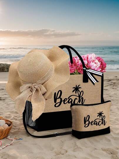 حقيبة شاطئ نسائية مجموعة، اكسسوارات شاطئ حقيبة قماش، بنمط "شاطئ" أنيق، مقترن مع قبعة شاطئ نسائية وقبعة شاطئ أمواج كاكي للسيدات، حقيبة كبيرة، مناسبة للزفاف والأعياد والعطلات، هدية عيد ميلاد مخصصة للأصدقاء، وشاح، هدية للصديقات المقربات، تذكار للعروس، مثالية