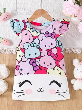 فساتين بيبي فستان فرملي للأطفال البنات بطباعة أرنب كرتوني جميل، أكمام قصيرة، مناسب للربيع والصيف