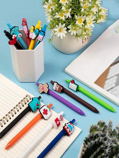 1/ 6/ 12 قلم حبر جاف كرتوني لطبيبة ممرضة، بأساليب عشوائية بسيطة وبألوان محايدة، قلم باللون الأسود، قلم الكريمة الفرنسية