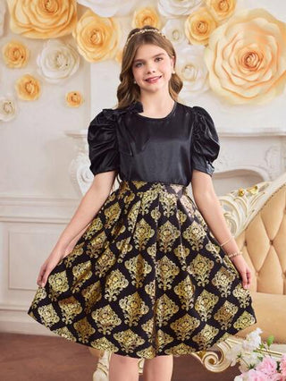 girls-sets مجموعة تتكون من قطعتين للفتيات البالغات: ملابس علوية ملابس علوية مزين بفيونكة سوداء ساتان ذات نمط عربي فاخر وتنورة ناقوسية معدنية، مناسبة للاستخدام اليومي، العطلات، الحفلات، التجمعات العائلية، فصل الربيع/الصيف