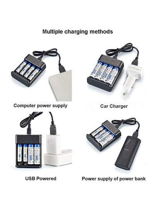 1 قطعة شاحن USB (البطاريات غير مشمولة) 4 فتحات للشحن المستقل، مناسب لبطاريات قابلة للشحن AA/AAA Ni-MH