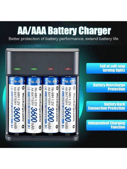 1 قطعة شاحن USB (البطاريات غير مشمولة) 4 فتحات للشحن المستقل، مناسب لبطاريات قابلة للشحن AA/AAA Ni-MH