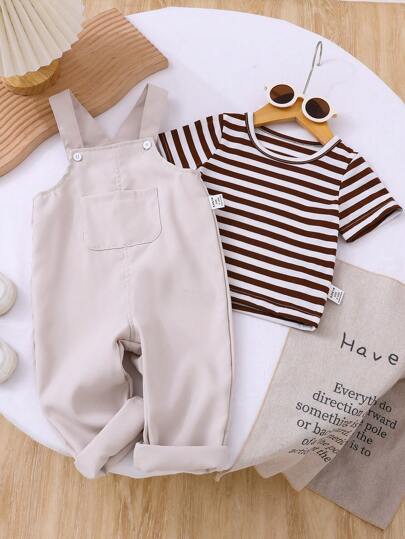 مجموعة من تي شيرت تي شيرت أكمام قصيرة مخطط والبناطلون القصيرة الكلية مناسبة للرضيع/طفل الصيف قصيرة القميص والبنطلون الكلي يجعل الطفل أكثر ملاطفة ، عادي و متعدد الاستخدامات